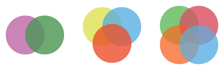 Modern isolated Venn diagram icons set on white background. Logo-type diagram vector set on white page. Modern isolated graphical flat Venn diagram icons. EPS 10. 