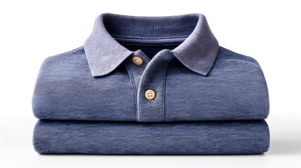 A Folded Navy Blue Polo Shirt With A White Pattern And Wooden Buttons Laid Flat On A White Background Isolated Clean Studio Shot