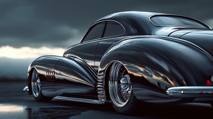 Reflective Elegance: A Black Classic Car Under a Dramatic Sky
