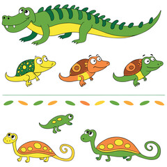 Naklejka premium Reptiles, Amphibians, And Small Animals Arranged In Rows. The Top Row Features Cartoon Style Crocodiles, Snakes, Turtles, vectors