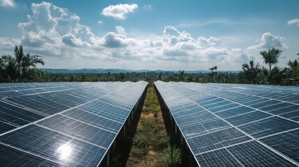 Rows of Solar Panels in a Tropical Landscape
