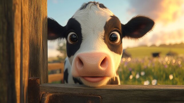 A Curious Simmental Cow Peeks Behind an Open Wooden Gate, Inviting You to a Rustic Farm Paradise