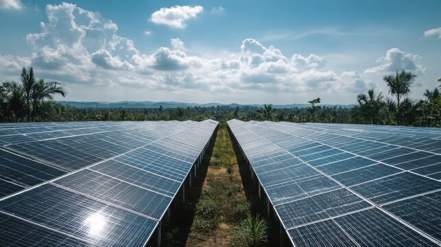 Rows of Solar Panels in a Tropical Landscape