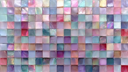 minimalist glass mosaic background, tiny square tiles in mixed pastel colors soft pink, lavender, aqua. Clean modern surface, large copyspace. Concept of decorative modern elegance and color harmony
