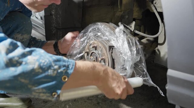 Car owner kneels beside car wrapping brake components with plastic to protect them before applying coat of lanolin rust protection