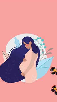Animation of pregnant woman with long hair touching belly and butterflies flying on pink background