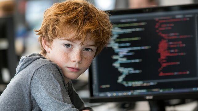 Red-haired boy looking at computer screen with code