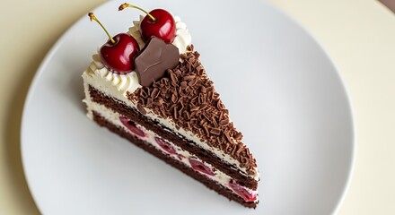 A delicious slice of Black Forest cake topped with whipped cream, chocolate shavings, and fresh cherries on a white plate.