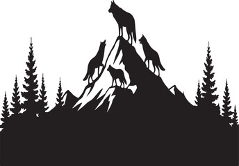 Silhouette of a wolf pack on a mountain with pine trees, isolated