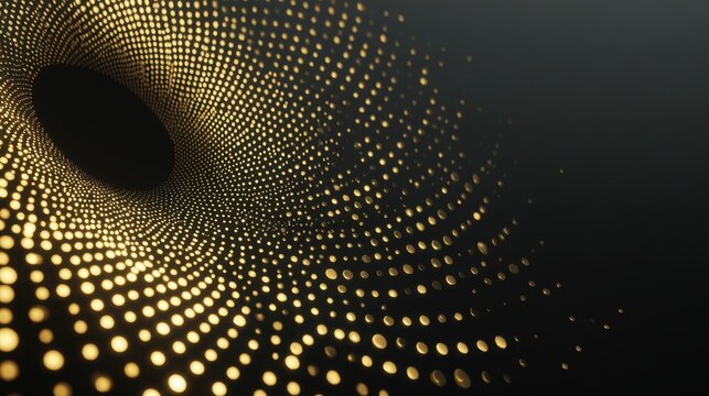 Abstract spiral pattern of glowing golden dots on dark background, creating futuristic depth and motion effect, copy space for text. Concept of digital energy and modern technology. Fibonacci spiral