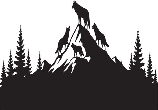 Silhouette of a wolf pack on a mountain with pine trees, isolated