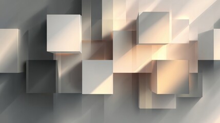 Abstract geometric 3D cubes with soft light and shadow, minimalist modern composition in beige and gray tones, creating elegant architectural depth and space for text