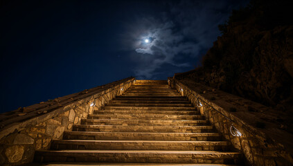 Stone staircase leading to the night sky with a full moon and dramatic clouds