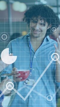 Animation of computer language and icons over diverse coworkers with coffee cups talking in office