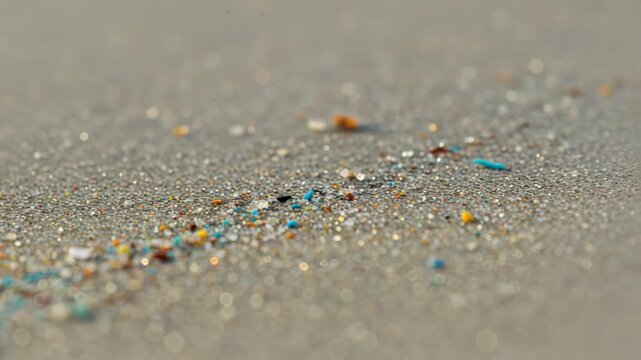Macro shot of beach sand with colorful microplastic pieces. Coastal pollution, environmental waste, plastic debris on shore, marine contamination, ocean plastic particles, beach microplastic