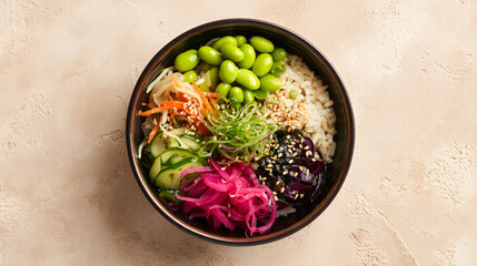 A vibrant and healthy poke bowl filled with fresh vegetables, edamame, rice, and pickled ingredients, served in a dark bowl on a light textured surface.