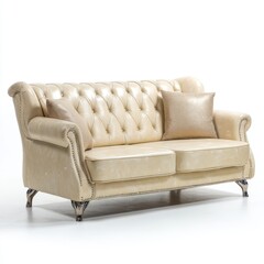 Fototapeta premium Elegant cream sofa with tufted design and decorative cushions, perfect for stylish interior spaces and modern home décor enhancements