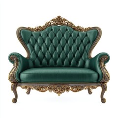 Elegant antique green velvet sofa with ornate gold accents and intricate carvings, perfect for luxury home decor, vintage style, and sophisticated interiors