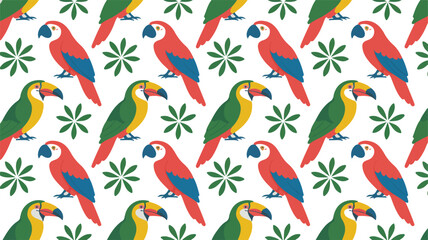 Obraz premium Vibrant seamless pattern of colorful parrots and tropical foliage on white background