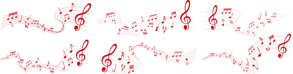 collection of red colored sheet music illustrations - musical notes melody