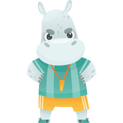 Grumpy Hippo Cartoon Character Wearing Teal And Orange Athletic Outfit With Whistle Necklace Standing Against A White Background Full Body Portrait
