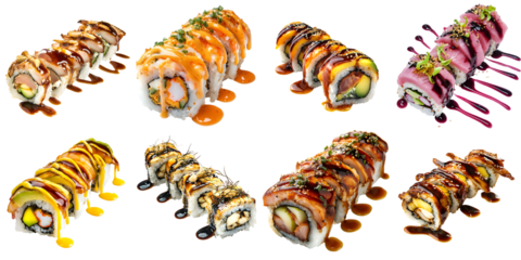 A large set of sushi with various unusual toppings and sauces, isolated on a transparent background PNG