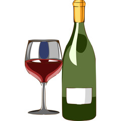 Green wine bottle with gold cap filled with red wine next to a wine glass filled with red wine on a transparent background