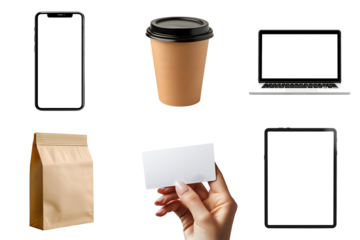 A set of items for advertising, announcements, or mockups: tablet, smartphone, laptop, business card, paper bag, coffee cup, isolated on a transparent background PNG