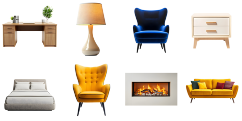 A set of various designer home furniture isolated on a transparent background PNG