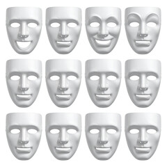 Twelve white masks with various subtle expressions