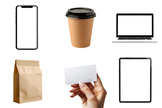 A set of items for advertising, announcements, or mockups: tablet, smartphone, laptop, business card, paper bag, coffee cup, isolated on a transparent background PNG