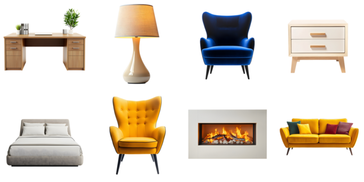 A set of various designer home furniture isolated on a transparent background PNG