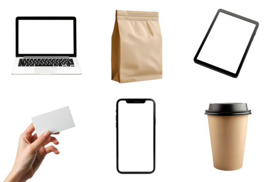 A set of items for advertising, announcements, or mockups: tablet, smartphone, laptop, business card, paper bag, coffee cup, isolated on a transparent background PNG