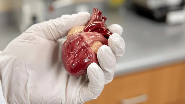 A hand holding a human heart specimen in a laboratory setting.