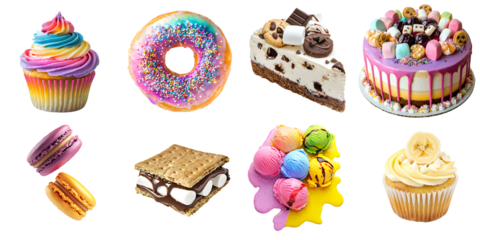 A set of various delicious sweets: donut, cupcake, cake, cookie, marshmallow, macaroon, ice cream, isolated on a transparent background PNG