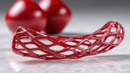 A 3D abstract design with a red mesh structure and glossy red spheres in the background.