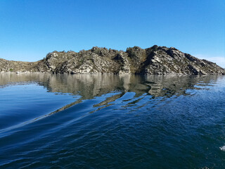 Bukhtarma Reservoir, small waves on the water and mountains