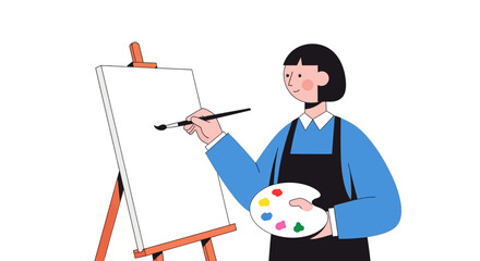 A person in an apron stands painting at a canvas with a palette in their left hand