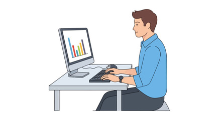 A man types at a computer viewing a bar graph on the screen wearing a blue shirt and seated at a desk