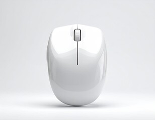 Glossy white wireless computer mouse centered on a white seamless background