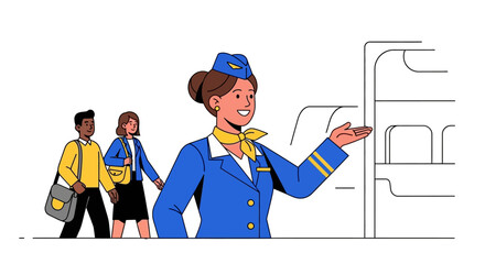 An air hostess in uniform directs passengers towards the overhead luggage compartment on an airplane
