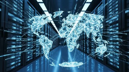 A server room with racks and a glowing world map overlay, symbolizing data globally - Powered by Adobe