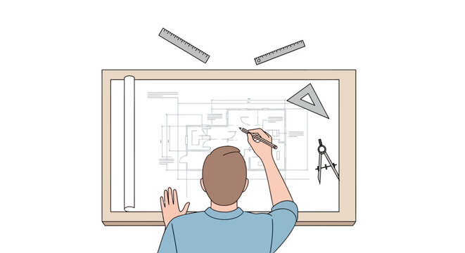 Architect drafting blueprint on board with rulers triangle compass present