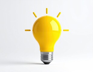 A glowing yellow bulb, with radiating light, sits on a white background