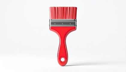 A close-up of a paint brush, red handle and bristles, on a white background