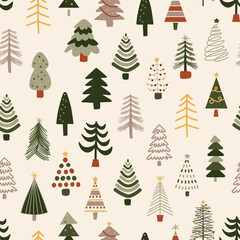 Obraz premium CHRISTMAS TREE seamless pattern cute background hand drawn illustration simple drawing decorative doodle kiddy wallpaper repeat tile design
