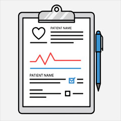 A simple line drawing of a clipboard with a patient form and blue pen on a plain white background in a flat lay style.