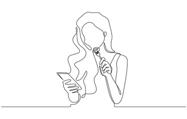 Continuous one line drawing of woman looking at her smartphone while eating, representing modern lifestyle, multitasking, and the blend of technology with daily habits, single line art.