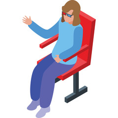 Person Wearing Red Blue 3D Glasses Sits in Red Chair Watching Cinema Entertainment Experience With Left Hand Raised In A Casual Pose And A Light Blue Shirt And Purple Pants On A Transparent Background