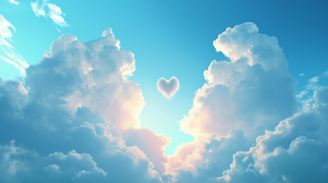 White heart shaped clouds in blue sky symbolizing love and romance with fluffy cloud formations resembling two people embracing